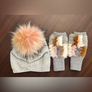 KYI KYI Cashmere Faux Fur Pom Pom Hat with matching fingerless gloves - like new